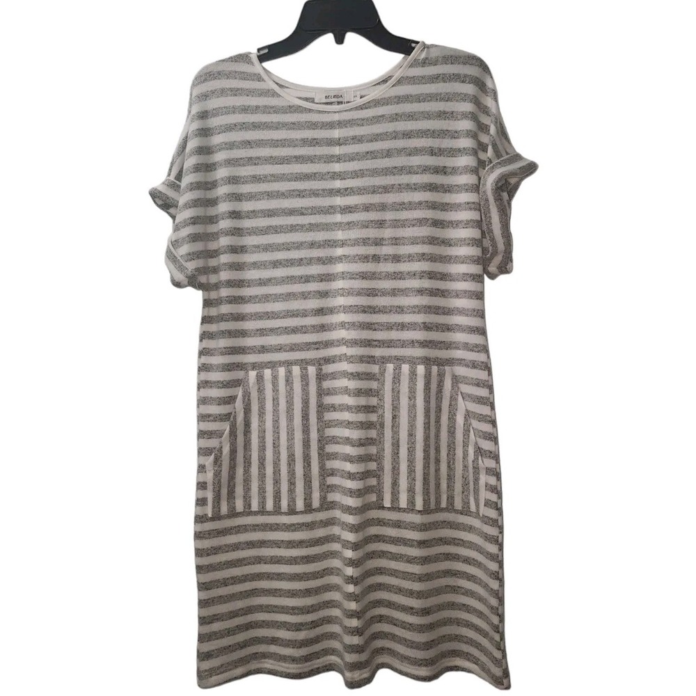Belinda Striped T-Shirt Dress Casual Short Sleeve Pockets Gray White S‎